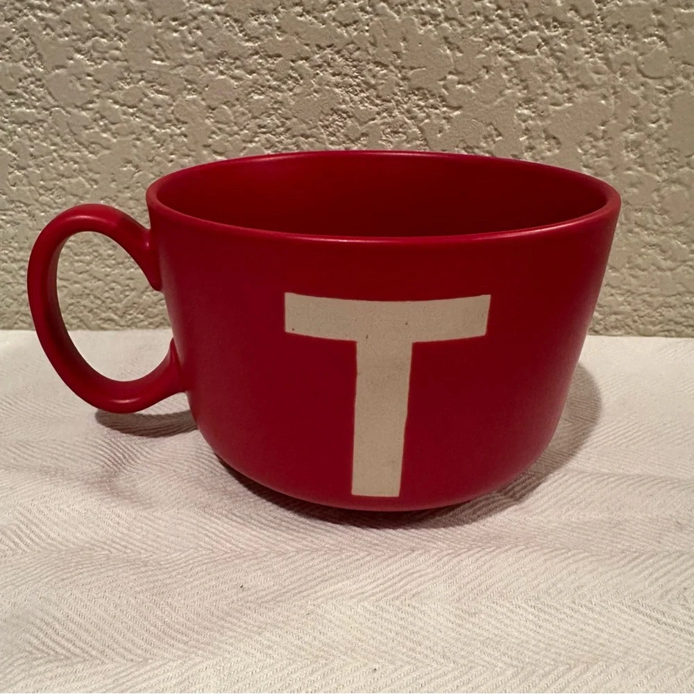 Crate&Barrel Red Glazed Stoneware “T” Monogrammed Jumbo Mug